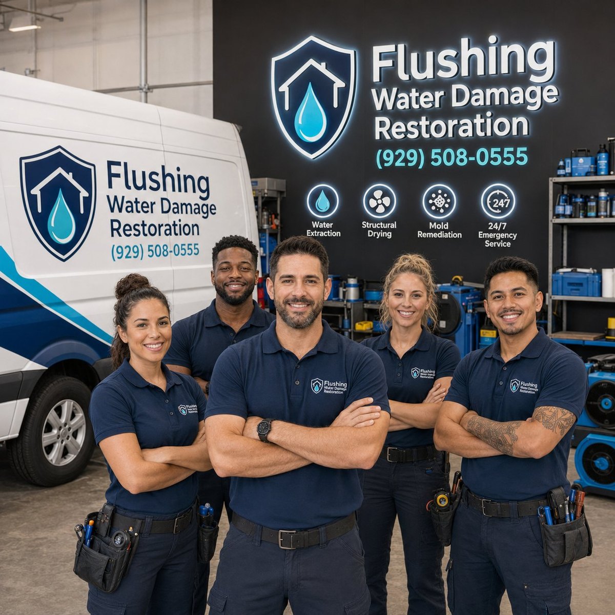 The Flushing Water Damage Restoration team in front of their branded van