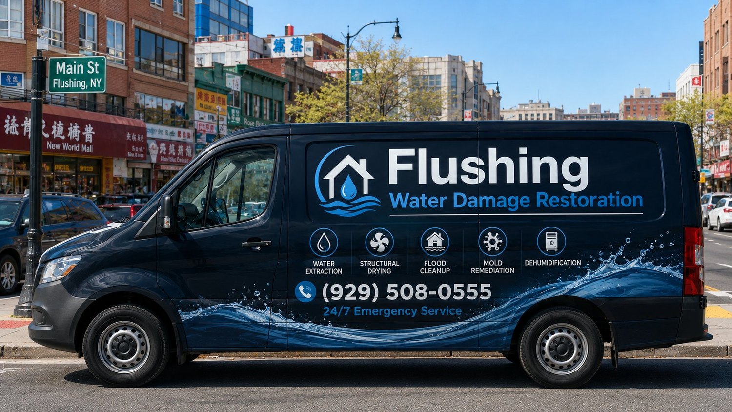Flushing Water Damage Restoration van on Main St in Flushing, Queens